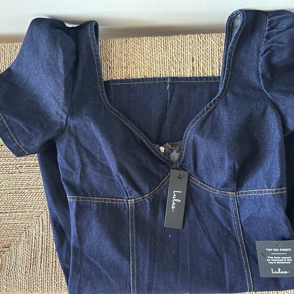 Lulus Dress Dreamy Strolls Dark Wash Short Sleeve Denim Mini Dress - Picture 6 of 6